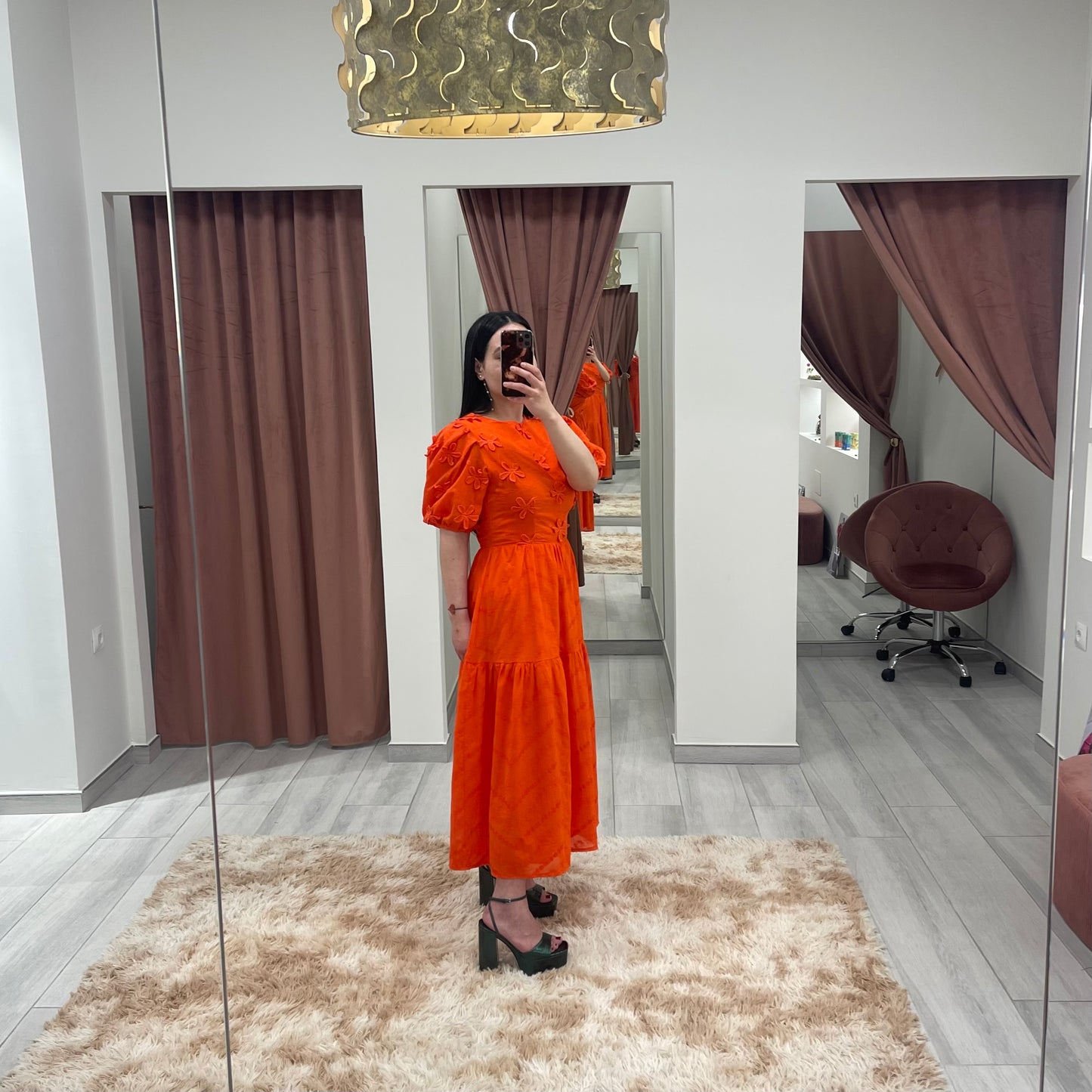 VESTIDO FLORES RELIEVE NARANJA