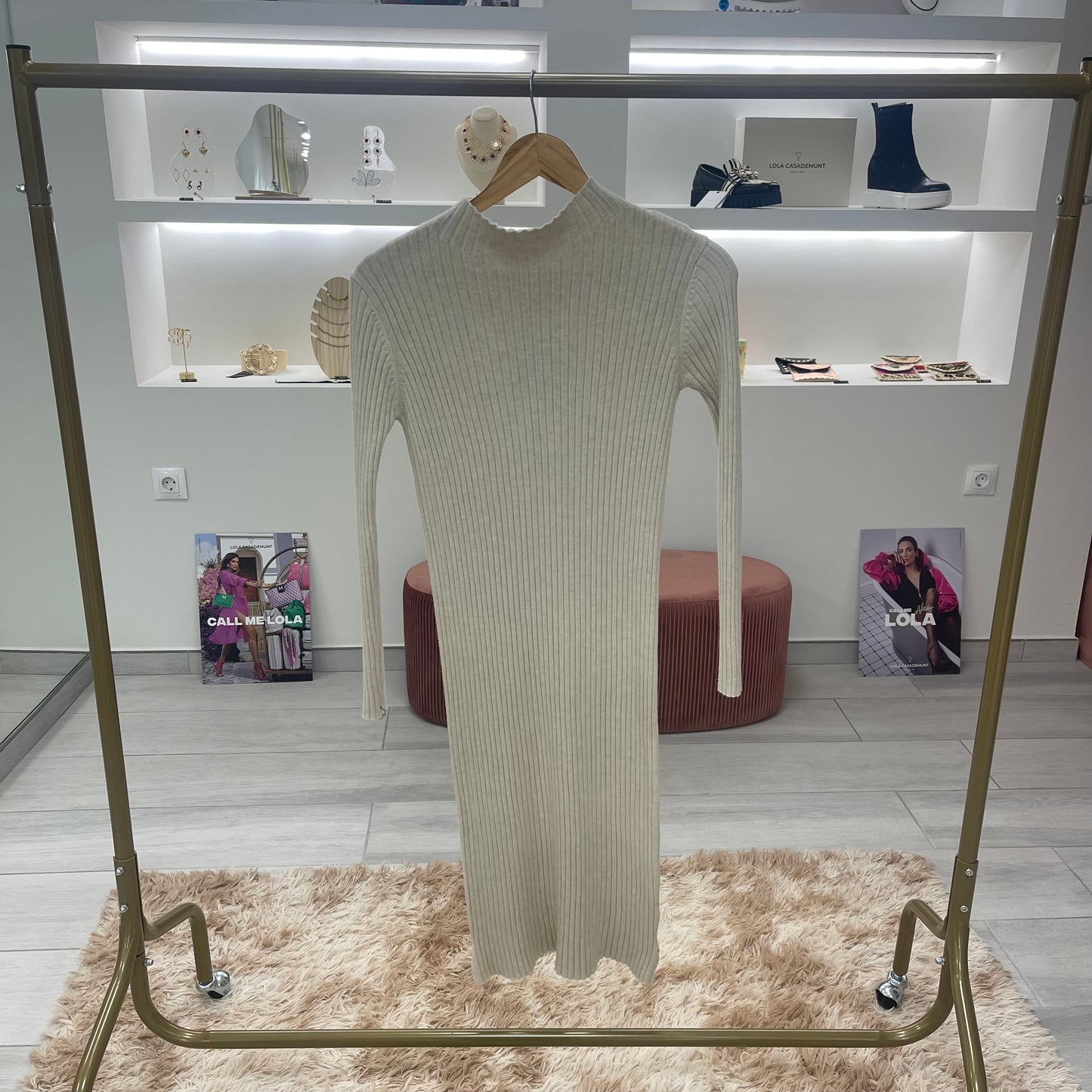 VESTIDO MIDI PUNTO BEIGE