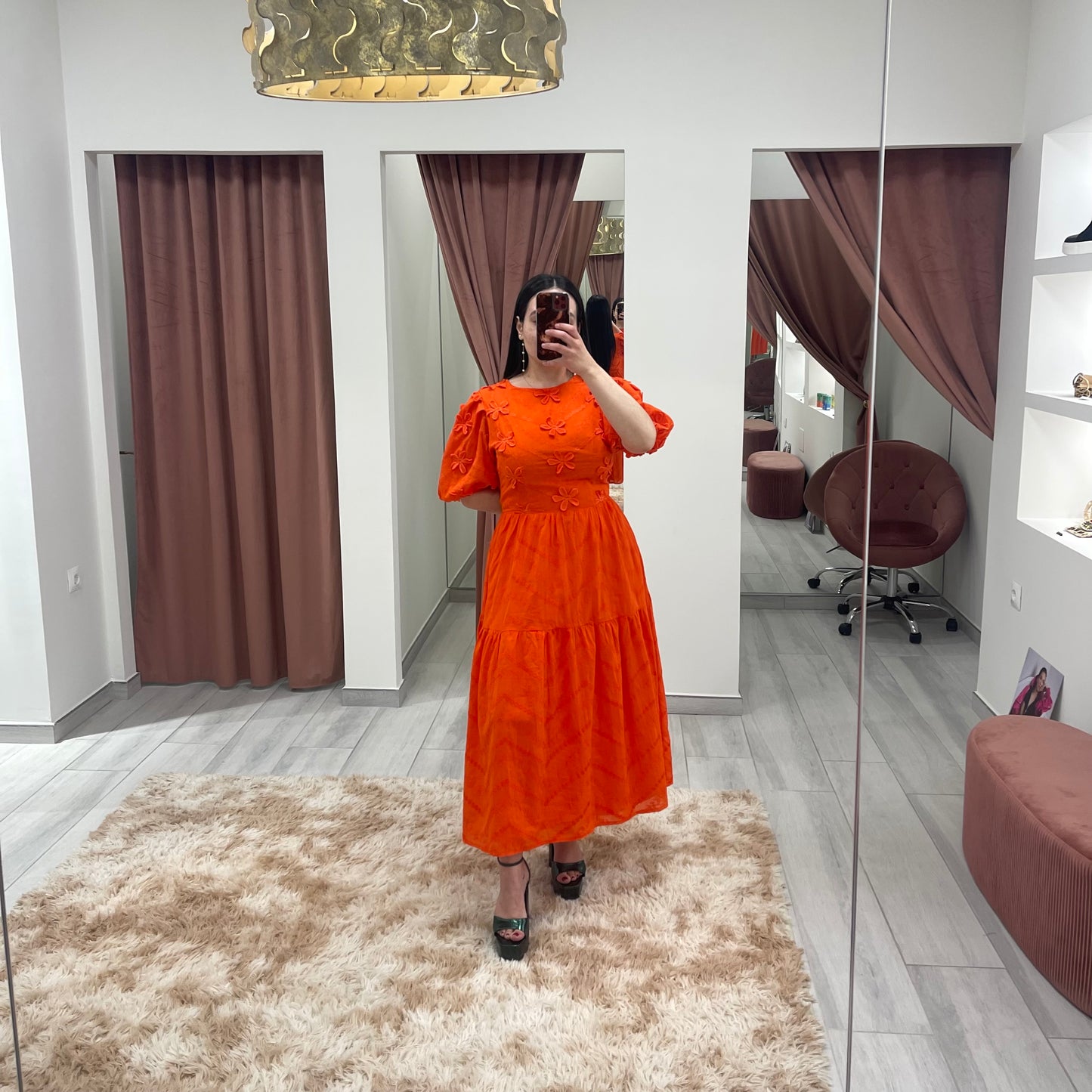 VESTIDO FLORES RELIEVE NARANJA