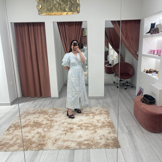 VESTIDO AZUL DETALLES BEIGE